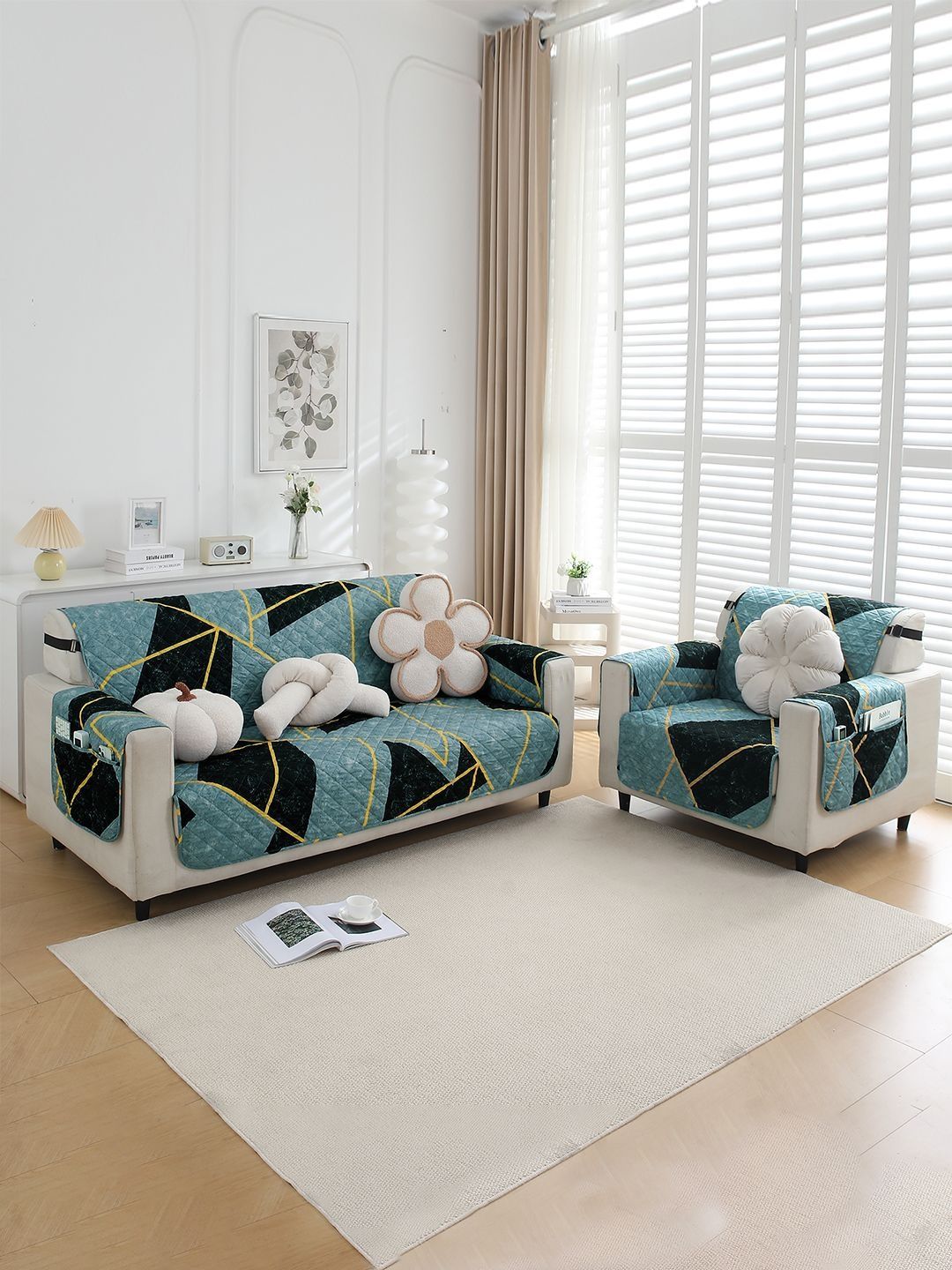 HOKIPO Multicoloured & Blue Printed 1 Piece Sofa Cover With Arms-image-37