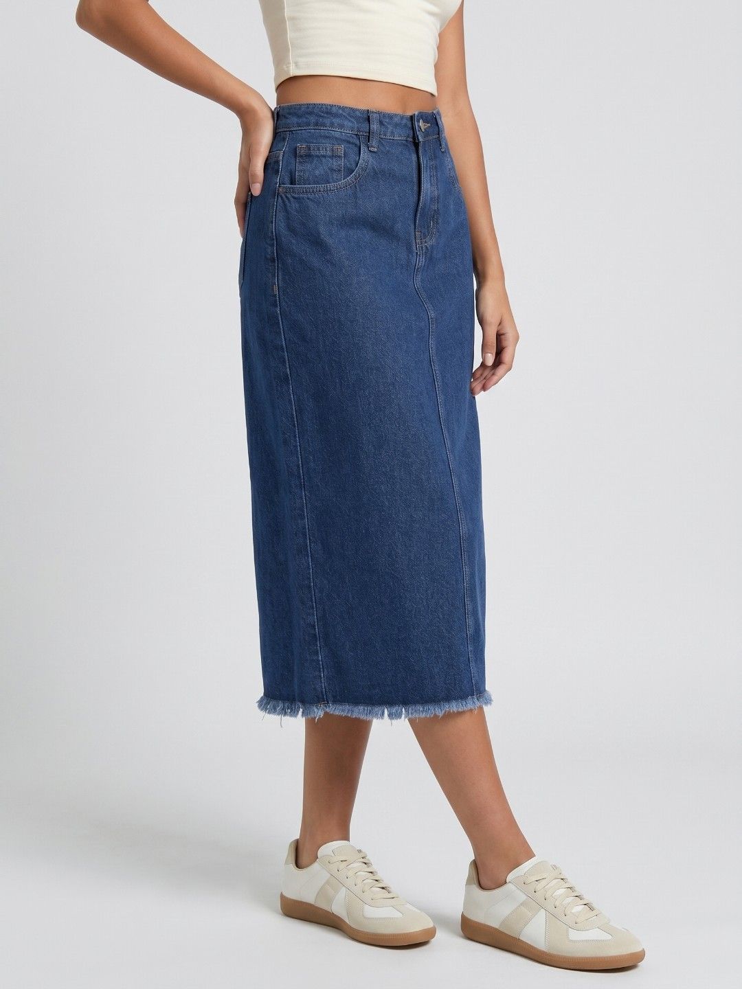 glitchez Women Pure Cotton Back Slit Midi Straight Denim Skirt-picture-12
