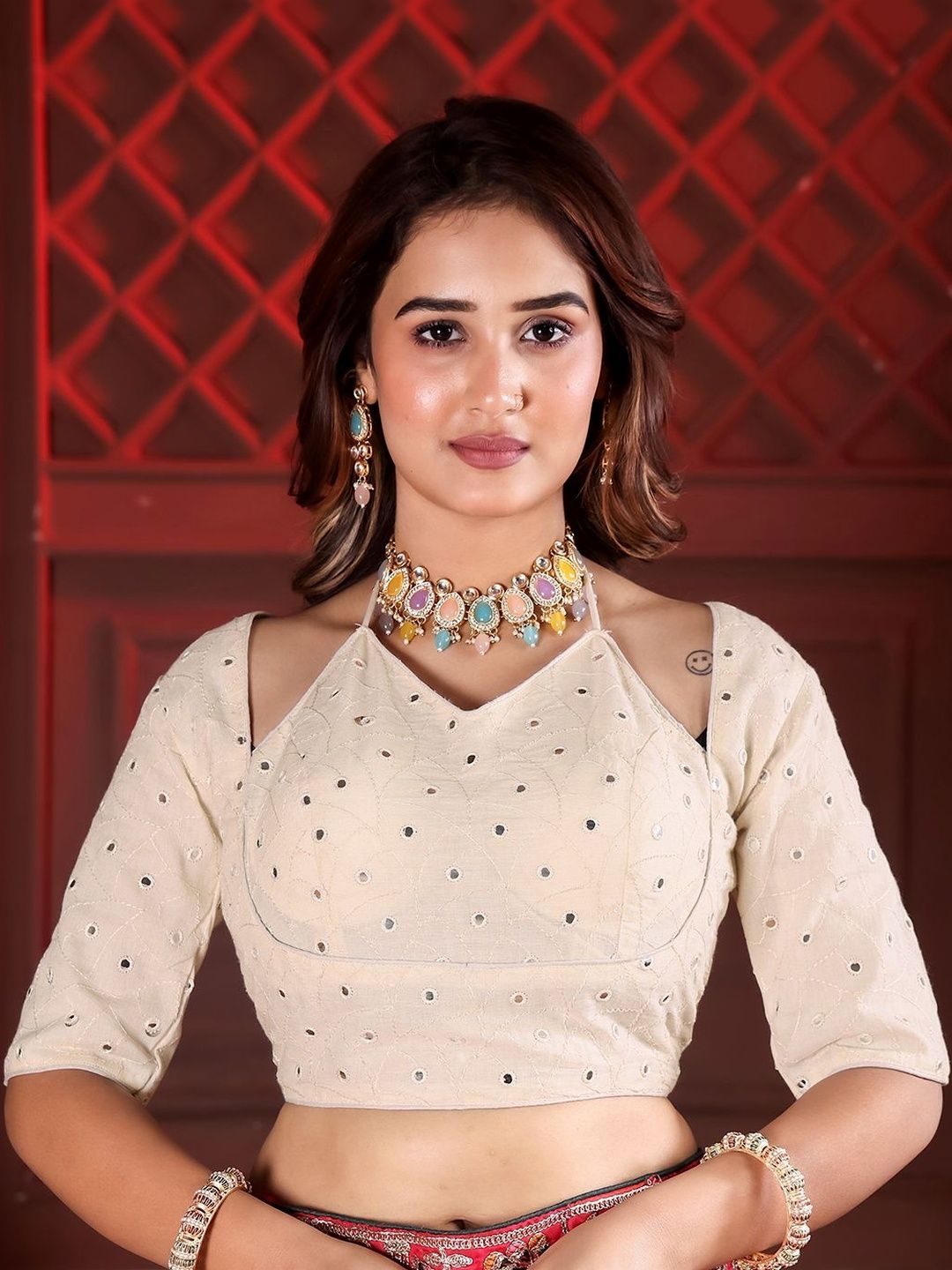 Nigel Designer Cotton Blend Embellished Mirror Work Saree Blouse-picture-23