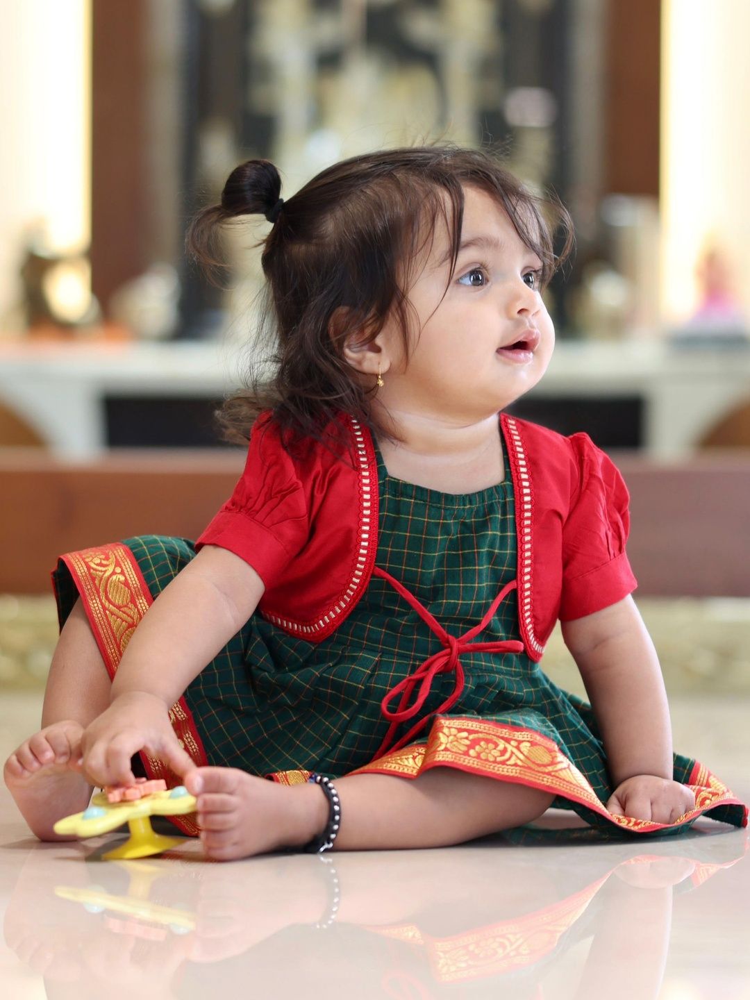 VASTRAMAY Girls Checked Pure Cotton Ethnic Dress With Jacket-picture-5