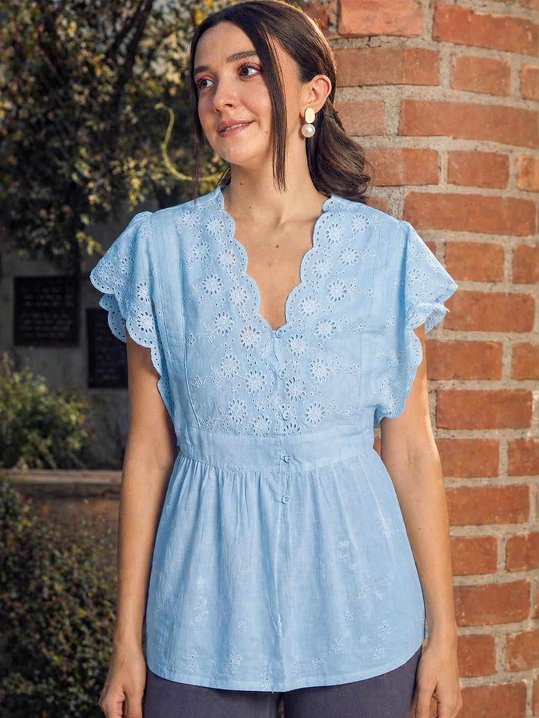 SASSAFRAS Blue Schiffli V-Neck Top-picture-18