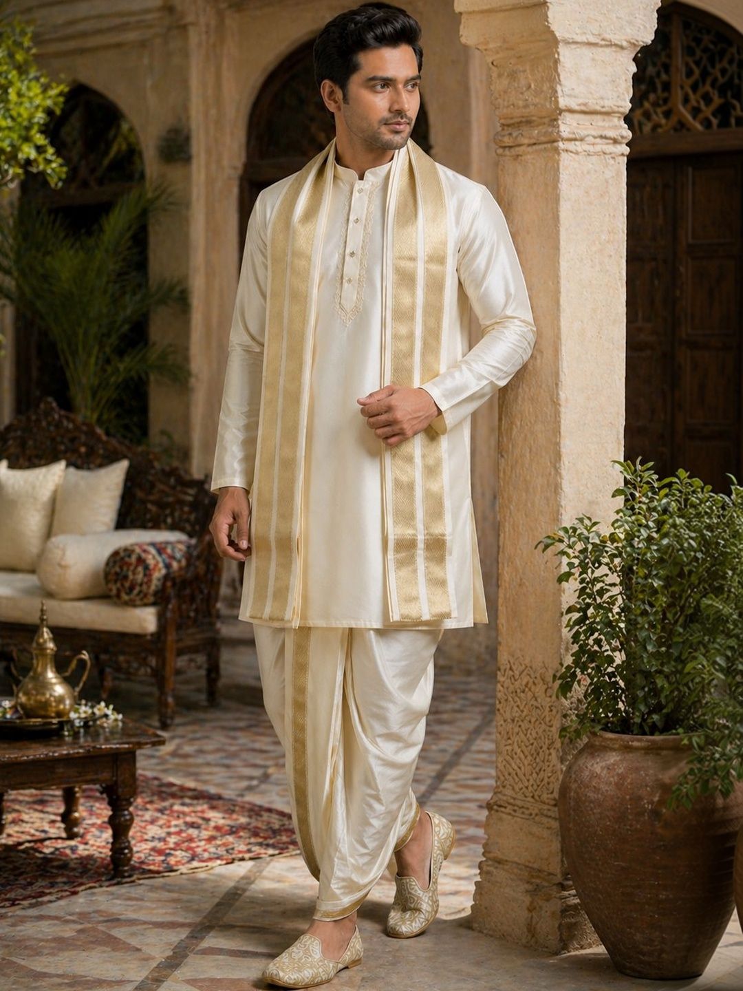 TATTVA Men Ethnic Motifs Embroidered Regular Thread Work Kurta with Dhoti Pants & With Dupatta-picture-16