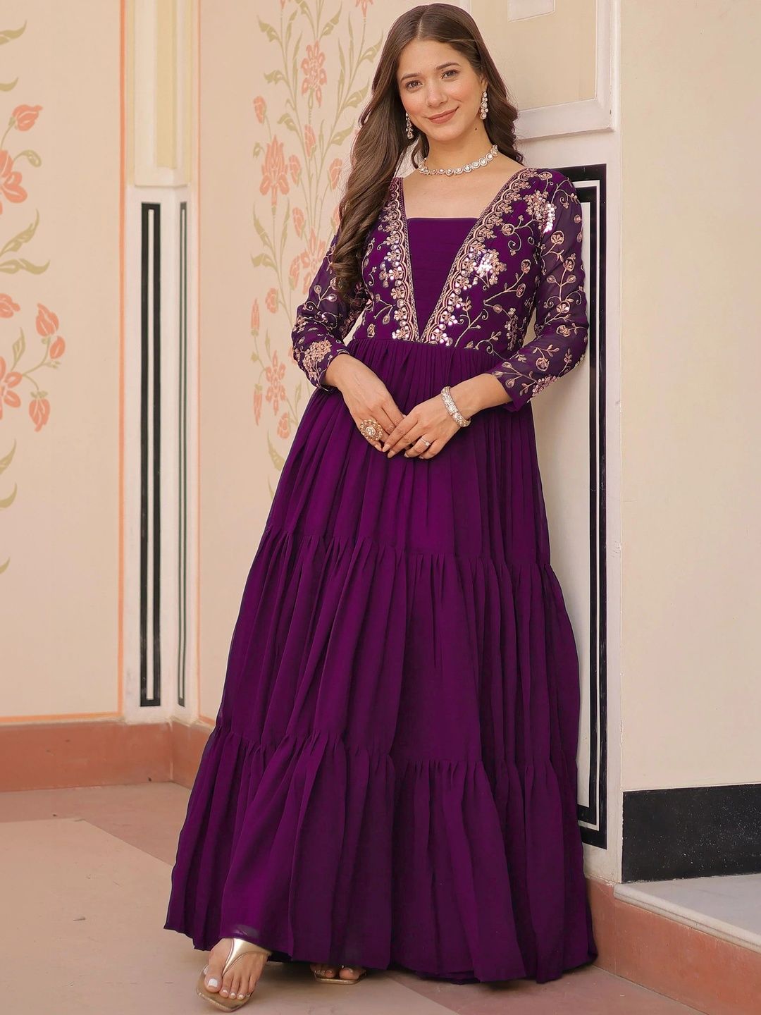 LAZZLY Embroidered V-Neck Maxi Ethnic Dresses-image-9