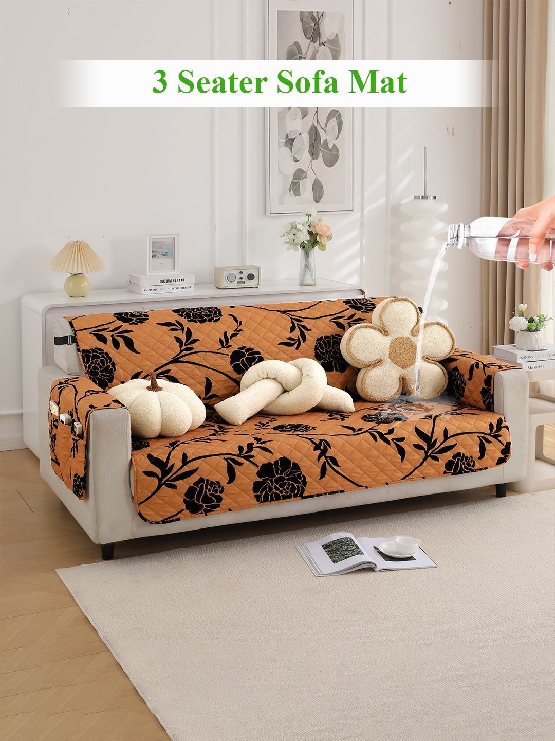 HOKIPO Copper-Toned & Orange Printed 1 Piece Sofa Cover With Arms-image-44