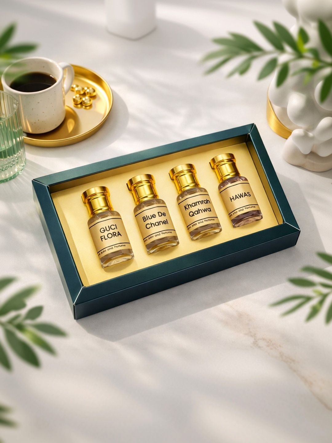 Ali Perfumes Set Of 4 Guci Flora- Blue De Chanel- Khamra Qahwa- Hawas Attar- 6 ml Each-image-35