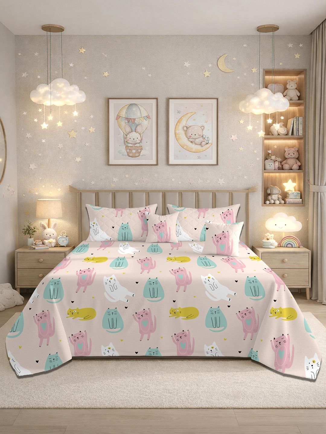 BREVARD Pink Cartoon Characters Polycotton 5 Piece Double Queen Superfine Bedding Set-image-13