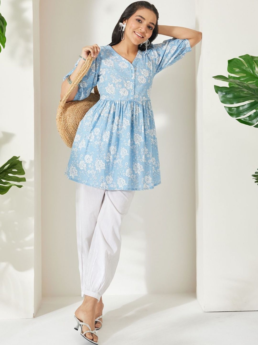 Janasya Women Powder Blue Pure Cotton Floral Printed A-Line Top-picture-46