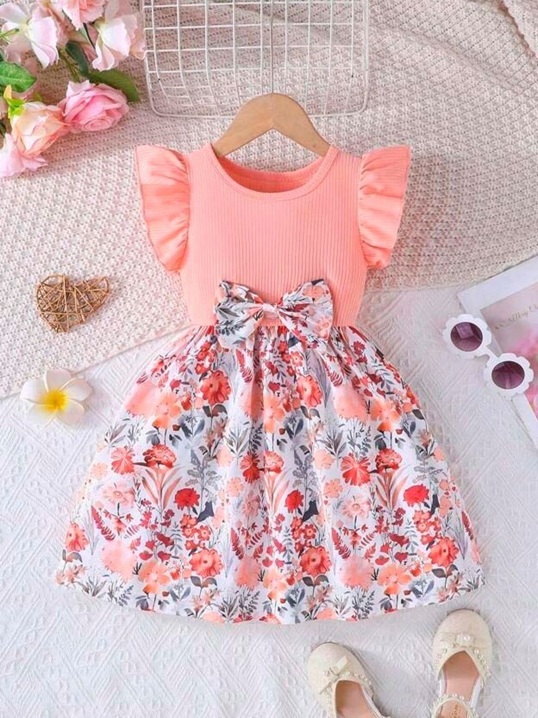 Bolly Lounge Girls Floral Printed Round Neck Flutter Sleeve Ruffled Fit & Flare Dress-picture-11