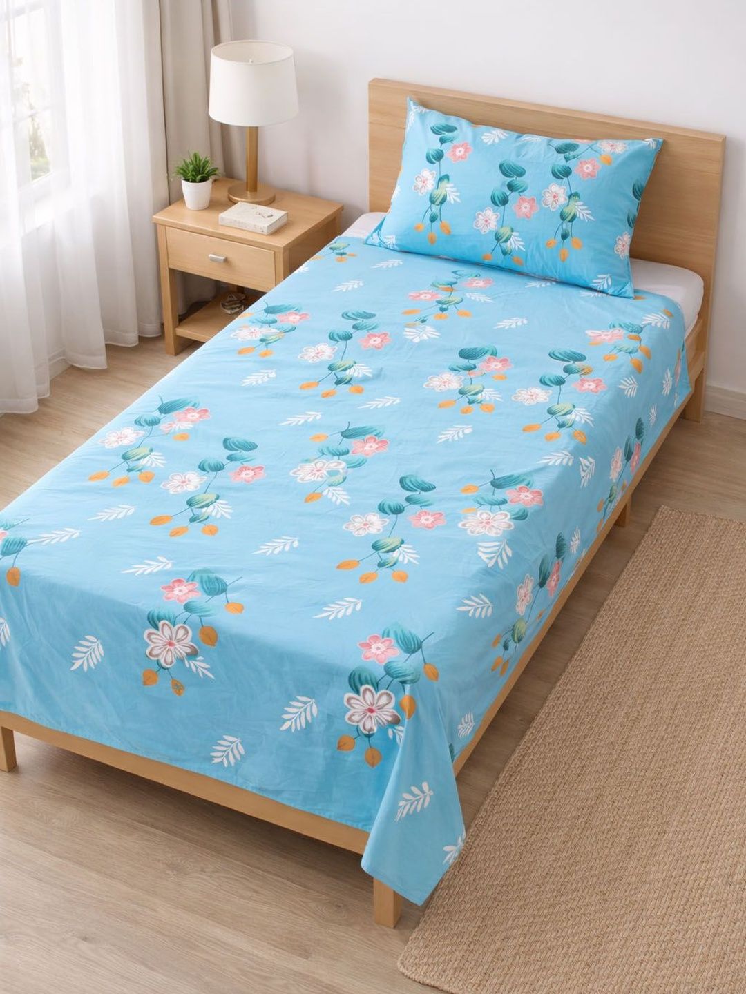 AAZEEM Blue Floral 160 TC Single Bedsheet with 1 Pillow Covers-image-28