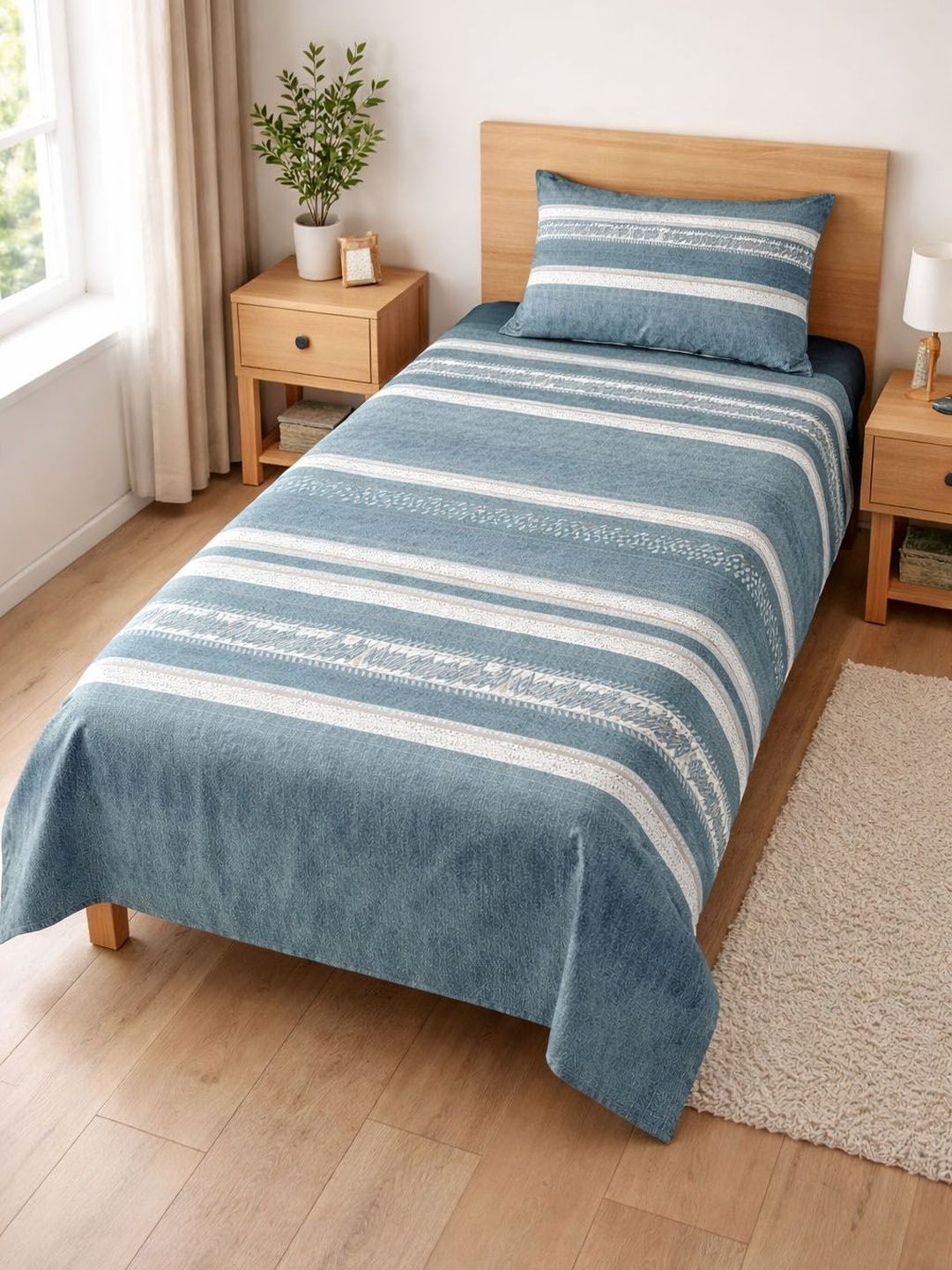 AAZEEM Blue Striped 160 TC Single Bedsheet with 1 Pillow Covers-image-41