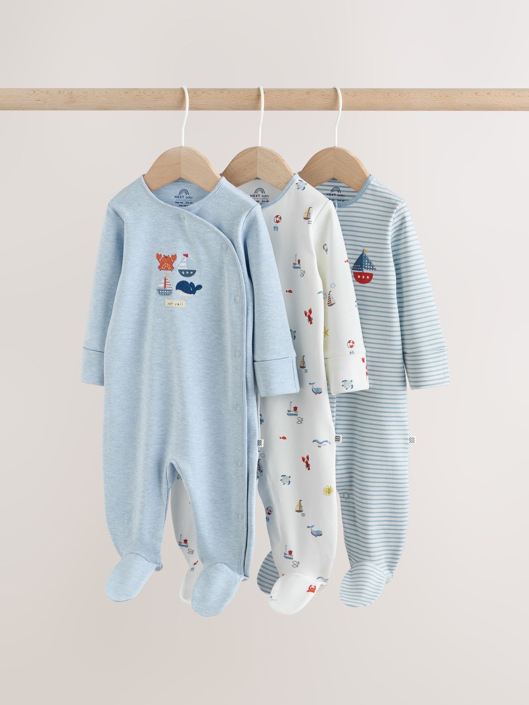 NEXT Boys Pack Of 3 Printed Pure Cotton Round Neck Sleepsuit-picture-20