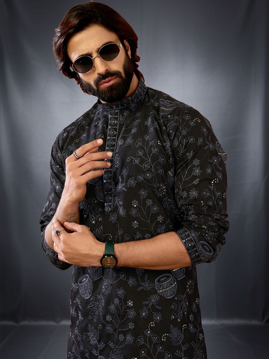 INDIROOP Men Embellished Sequinned Kurta-picture-23