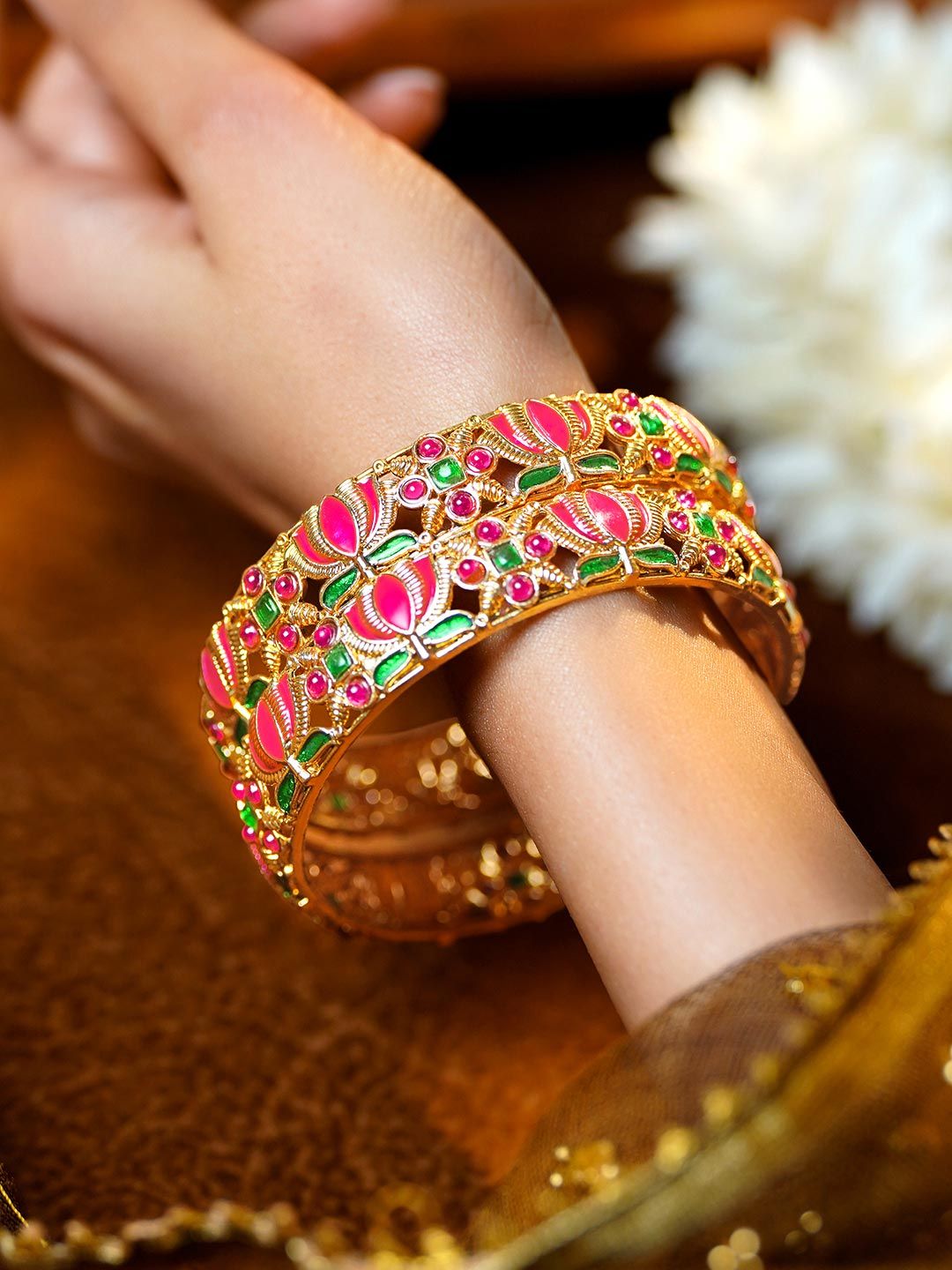 Rubans Set of 2 18K Gold Plated Meenakari Lotus Design Bangles-image-35
