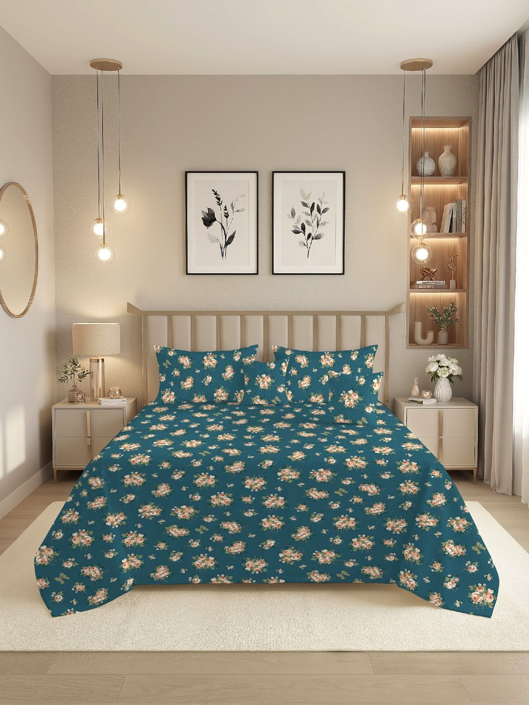 BREVARD Teal Floral Polycotton 5 Piece Double Queen Superfine Bedding Set-picture-58