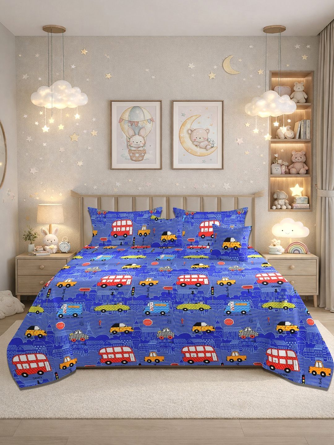 BREVARD Blue Cartoon Characters Polycotton 5 Piece Double Queen Superfine Bedding Set-image-2