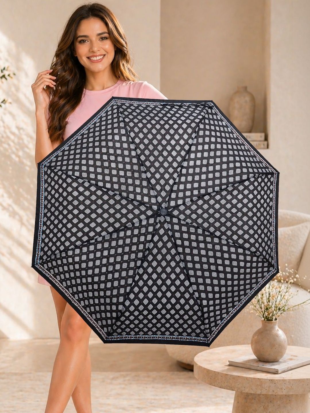FABINALIV Black Ethnic Auto ON/OFF Waterproof Automatic Compact 3 Fold Printed Umbrella-image-26