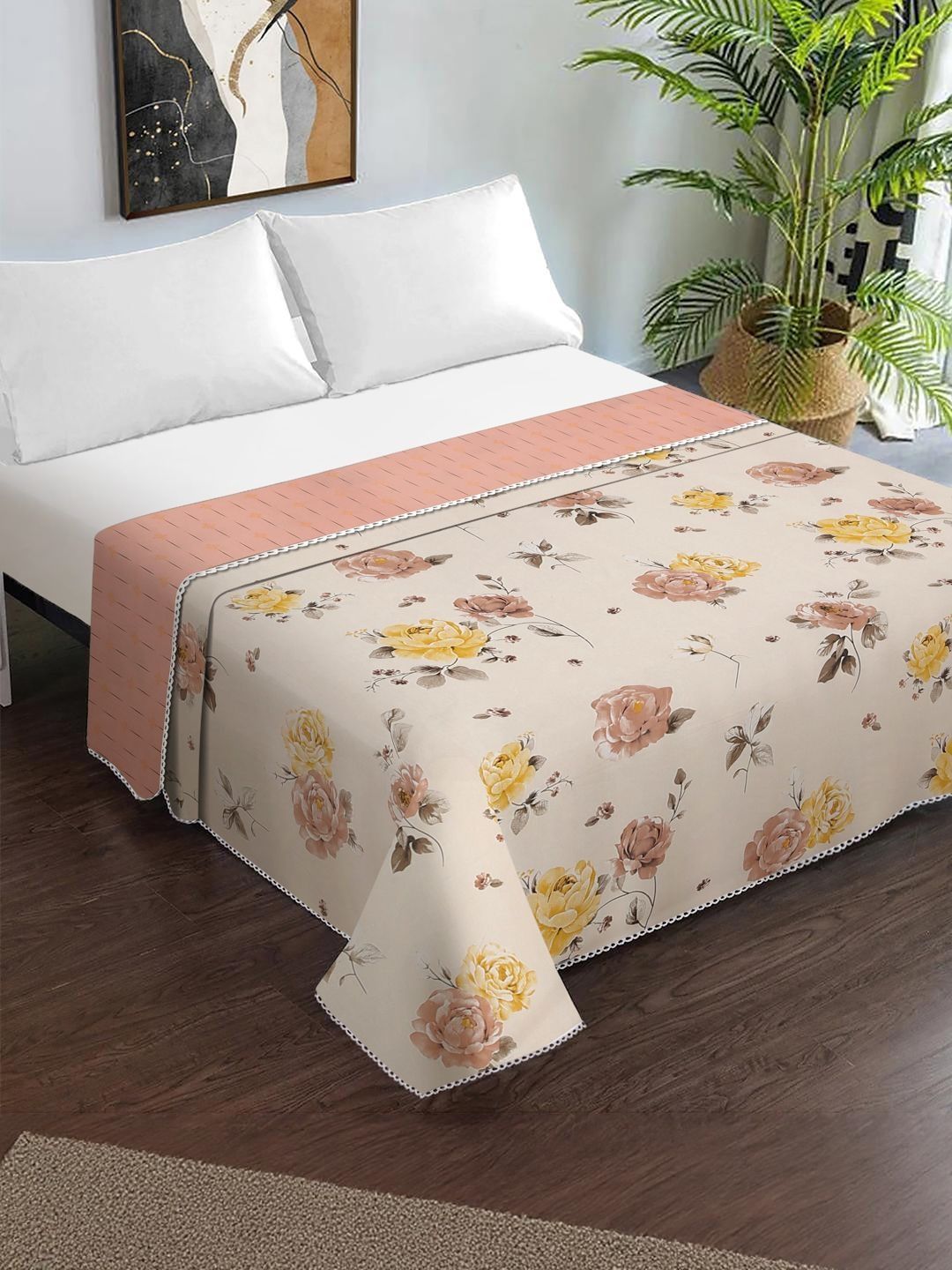 KLOTTHE Cream-Colored & Peach-Colored Floral Printed Lightweight 150 GSM Double Bed Dohar-picture-16