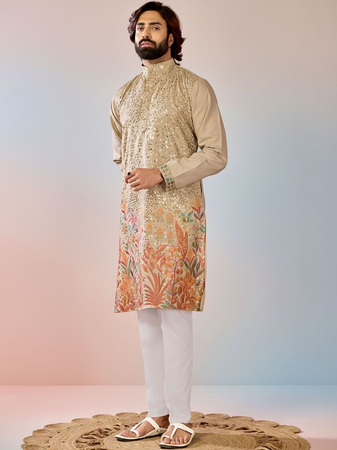INDIROOP Men Floral Embellished Sequinned Kurta-image-2