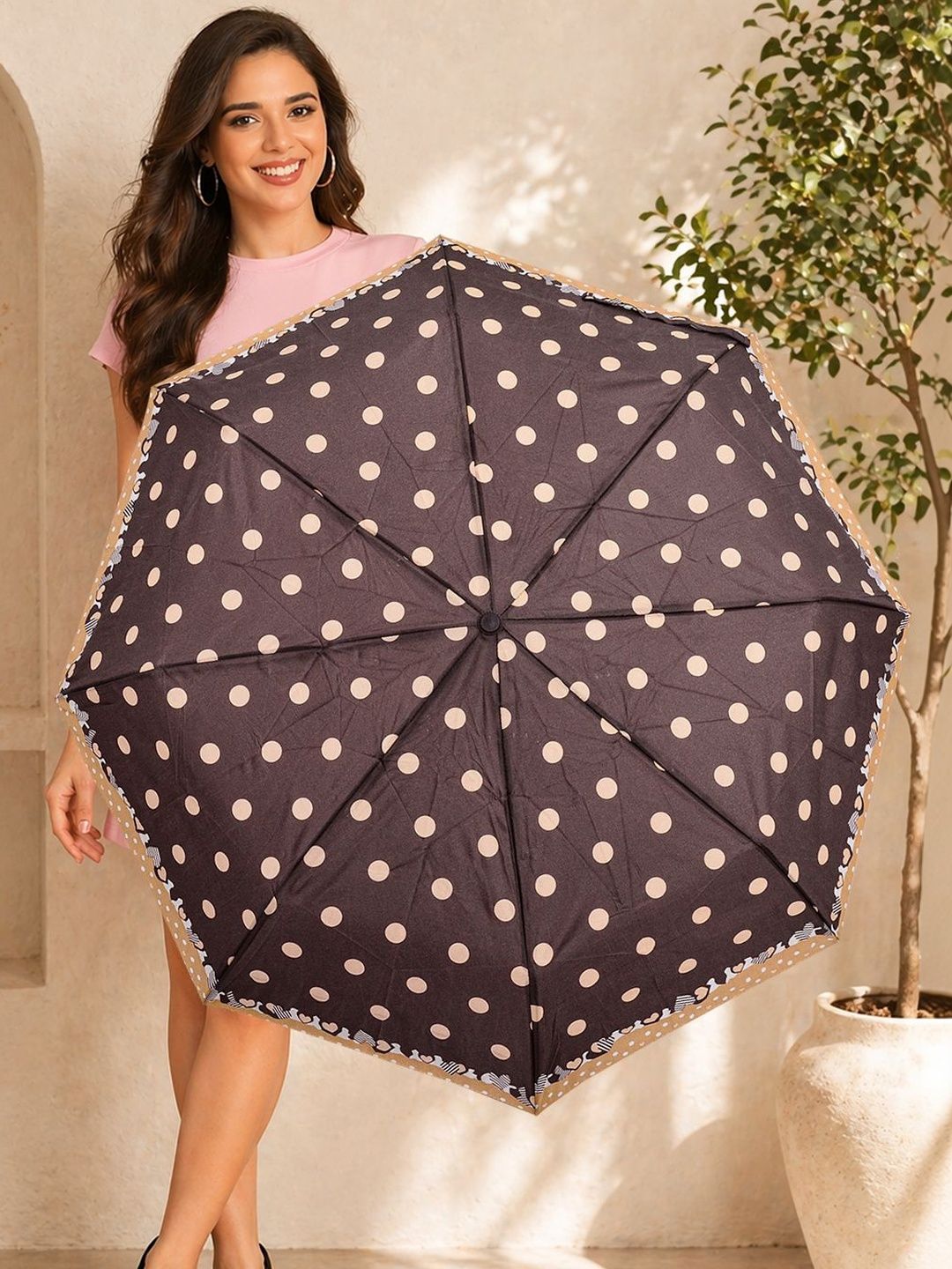FABINALIV Brown Polka Dot Auto ON/OFF Waterproof Automatic Compact 3 Fold Printed Umbrella-image-31
