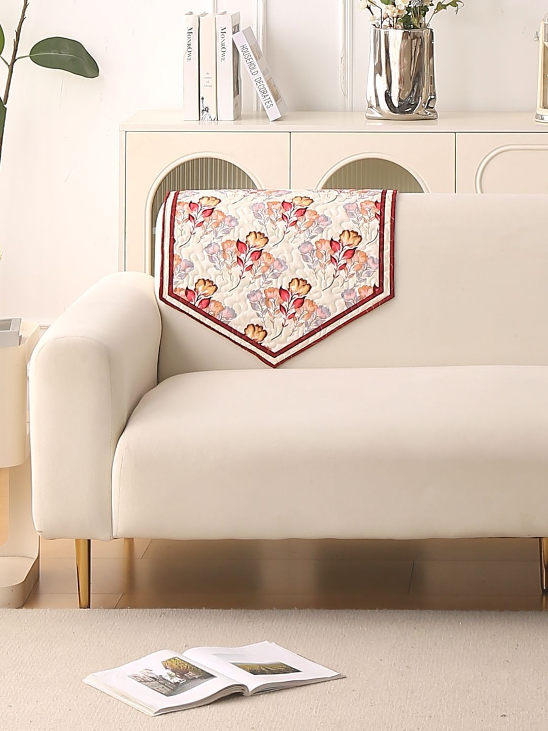 HOKIPO Cream-Coloured & Cream-Coloured Printed 1 Piece Sofa Cover Without Arms-picture-46