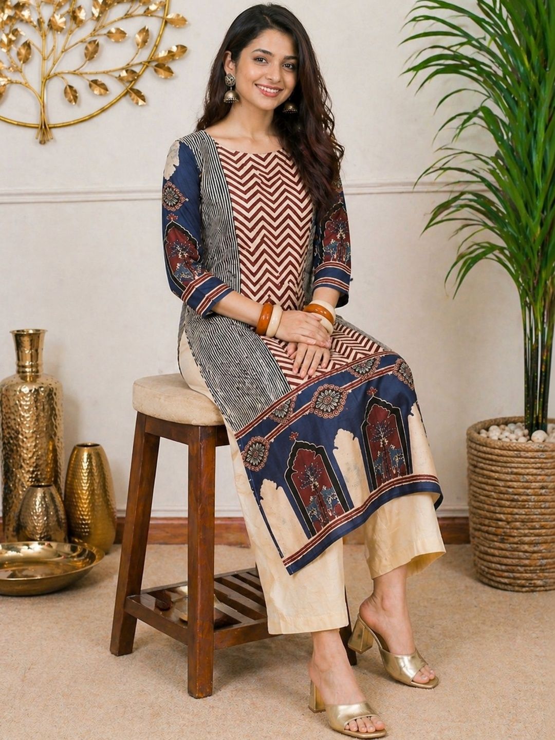 Sangria Printed Cotton Round Neck Calf Length Straight Kurtas-picture-47