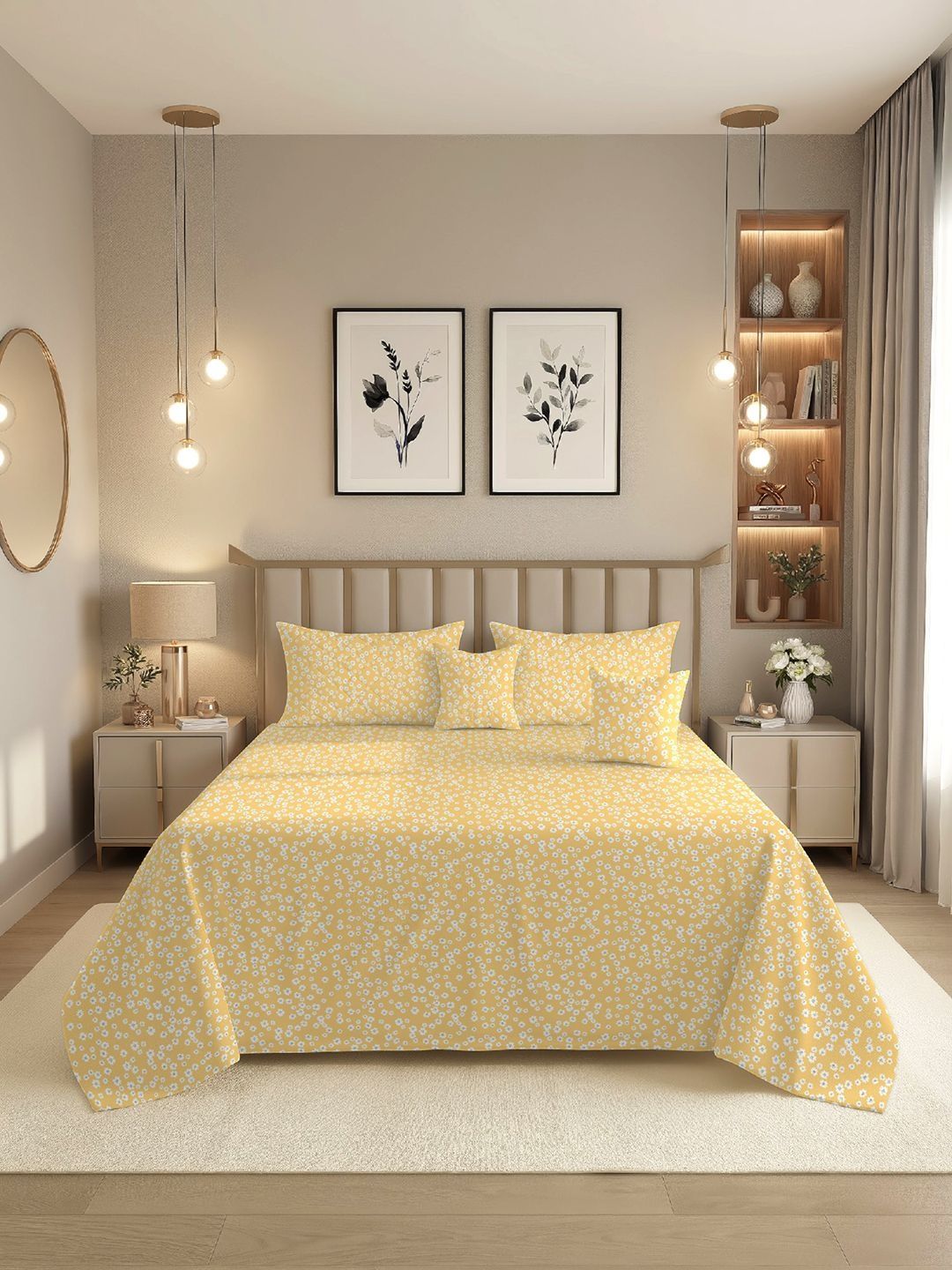BREVARD Yellow Floral Polycotton 5 Piece Double Queen Superfine Bedding Set-picture-40
