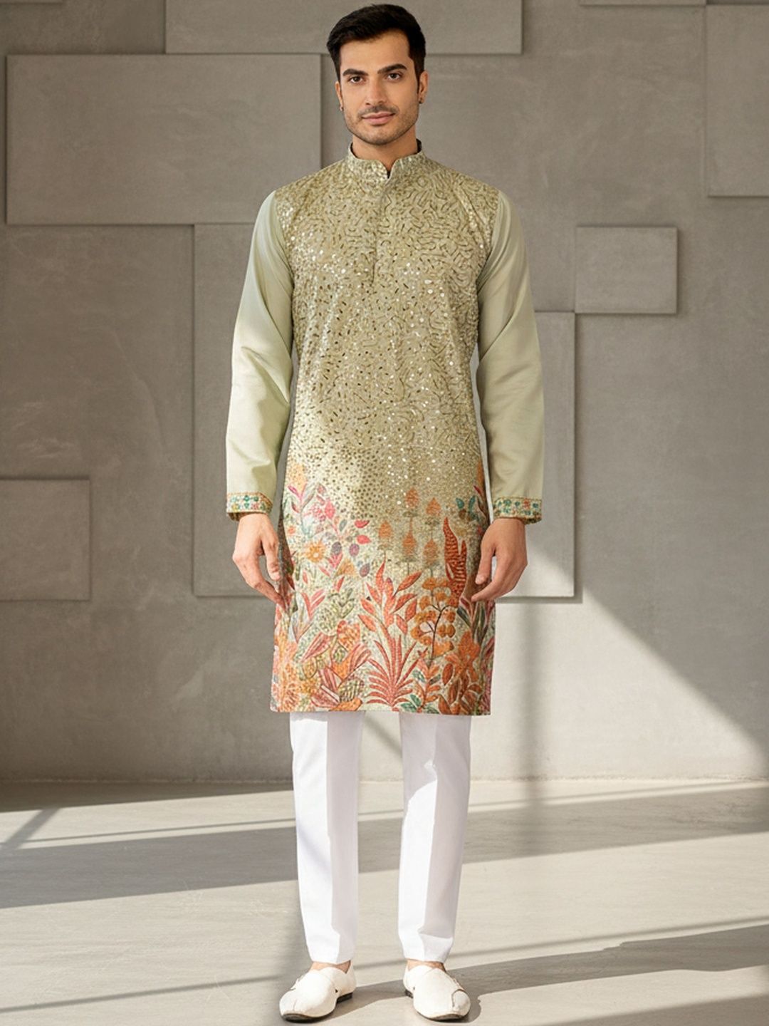 INDIROOP Men Floral Embellished Sequinned Floral Kurta-image-33