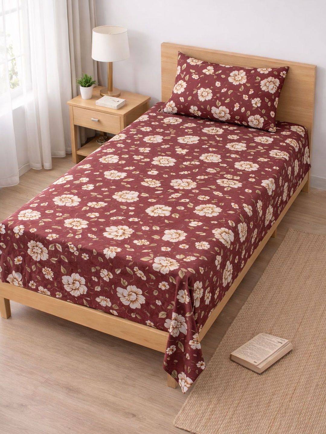 AAZEEM Burgundy Floral 160 TC Single Bedsheet with 1 Pillow Covers-picture-49