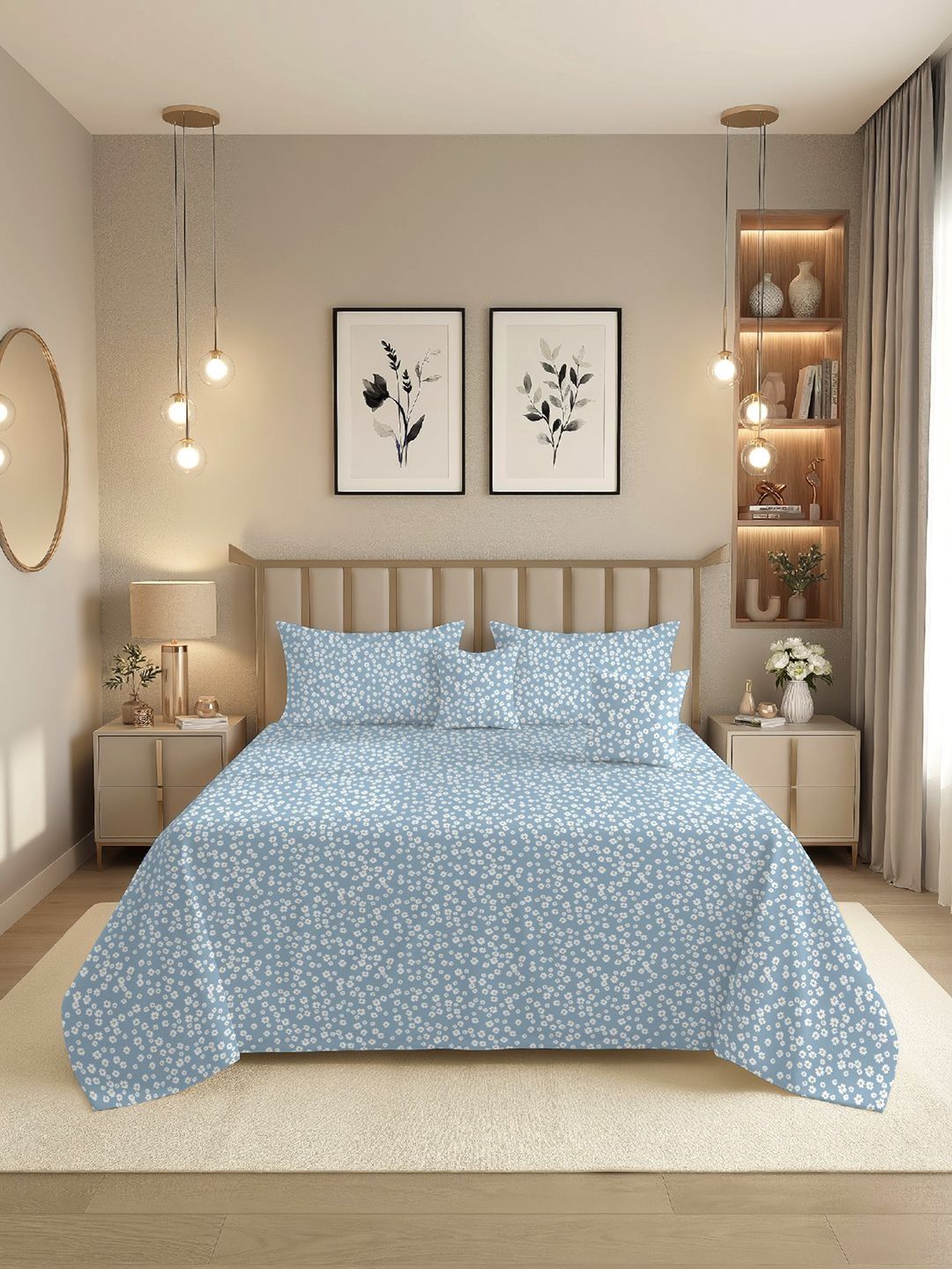 BREVARD Blue Floral Polycotton 5 Piece Double Queen Superfine Bedding Set-picture-37