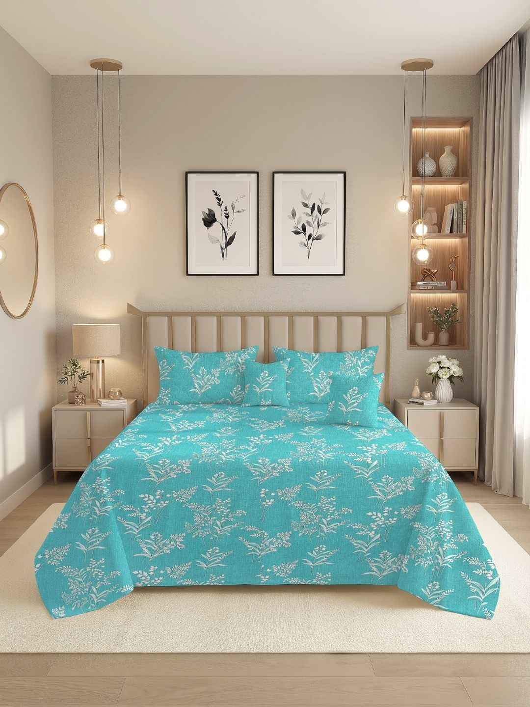 BREVARD White Floral Polycotton 5 Piece Double Queen Superfine Bedding Set-picture-45