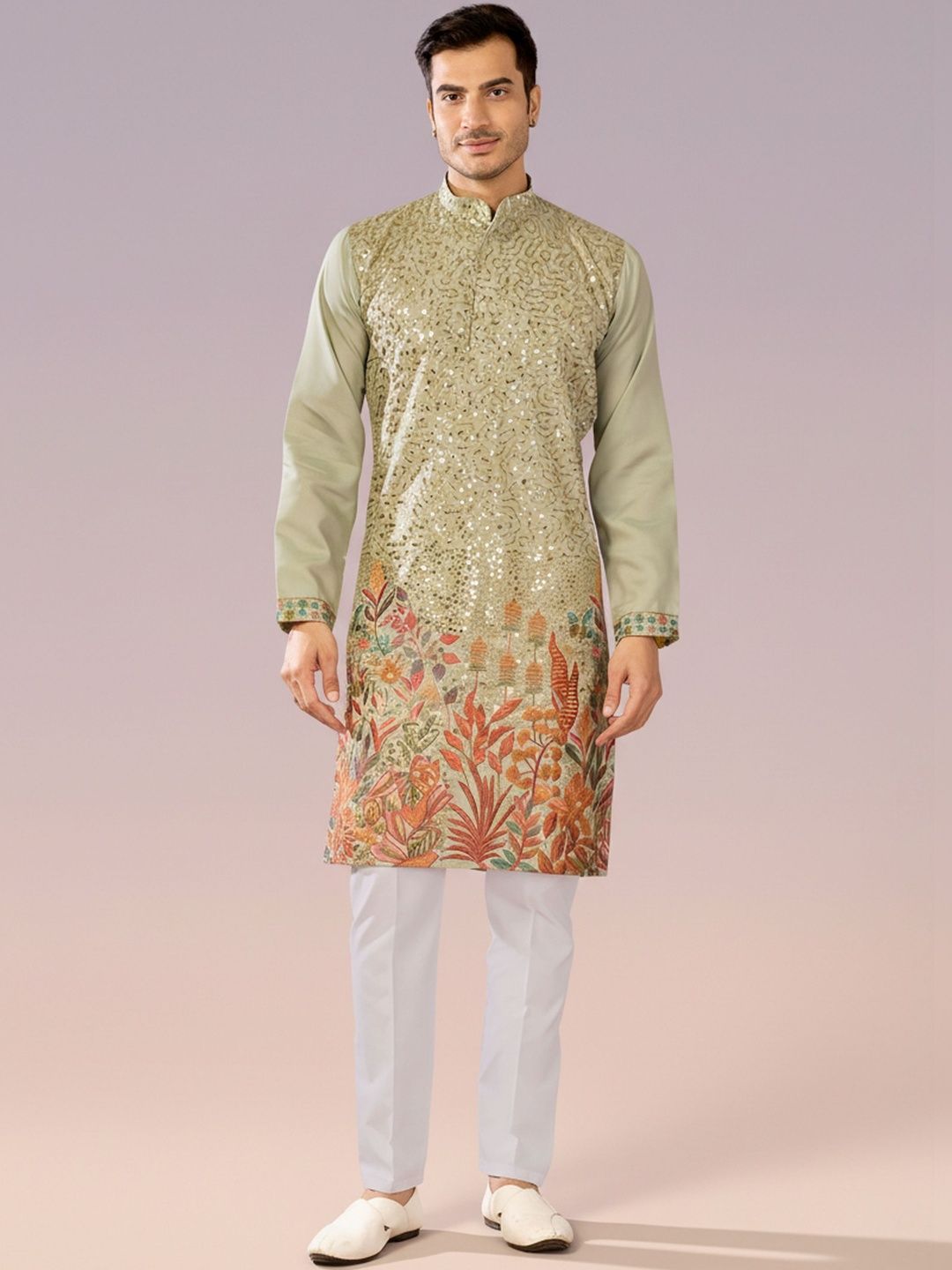 INDIROOP Men Floral Embellished Sequinned Kurta-picture-32