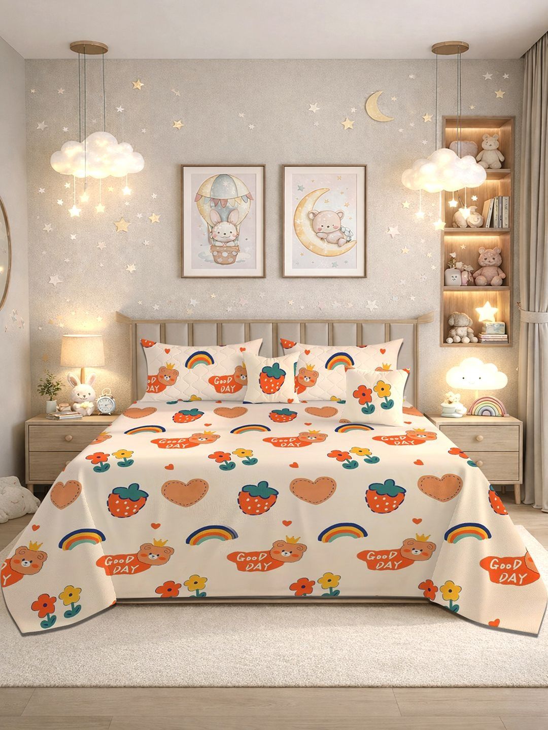 BREVARD Cream-Coloured Cartoon Characters Polycotton 5 Piece Double Queen Superfine Bedding Set-image-49