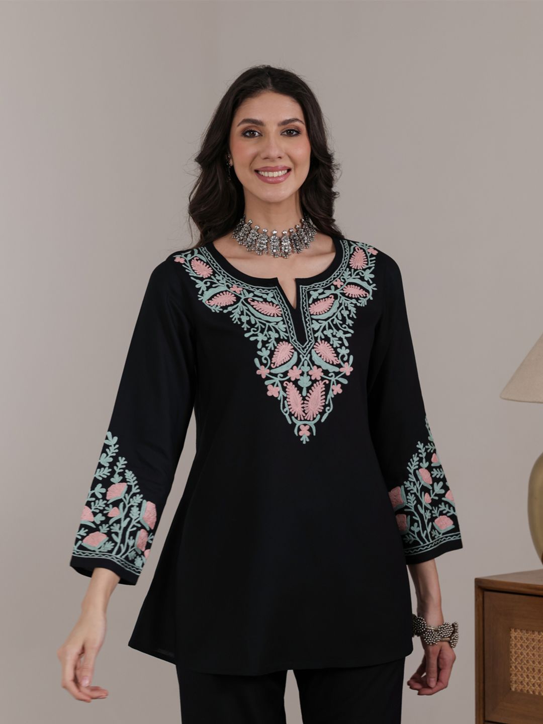 QAZMI Women Aari Embroidered Viscose Rayon A-Line Full Sleeves Short Kurti-picture-30