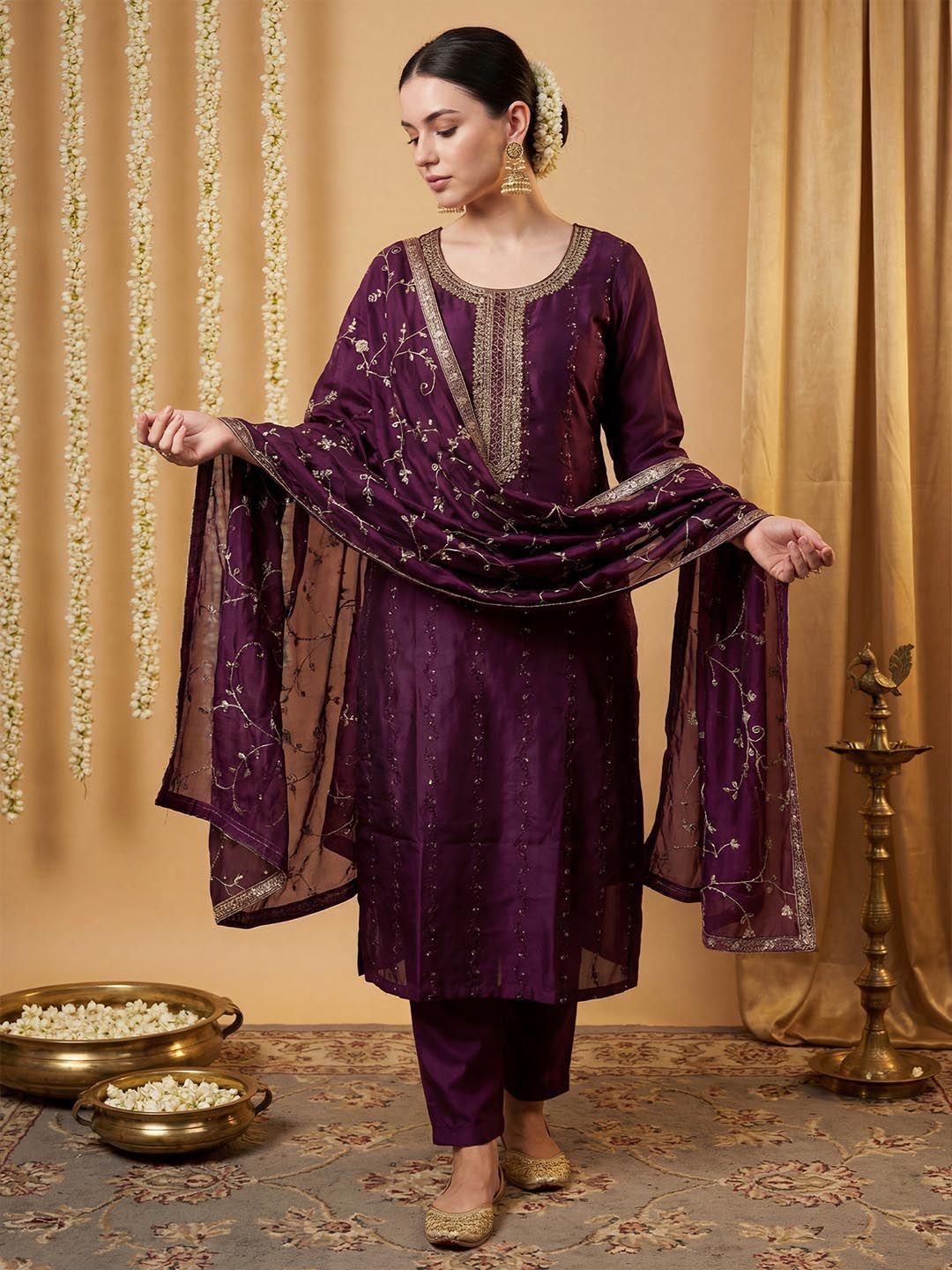 Indo Era Women Ethnic Motifs Embroidered Regular Sequinned Kurta with Trousers & With Dupatta-picture-28