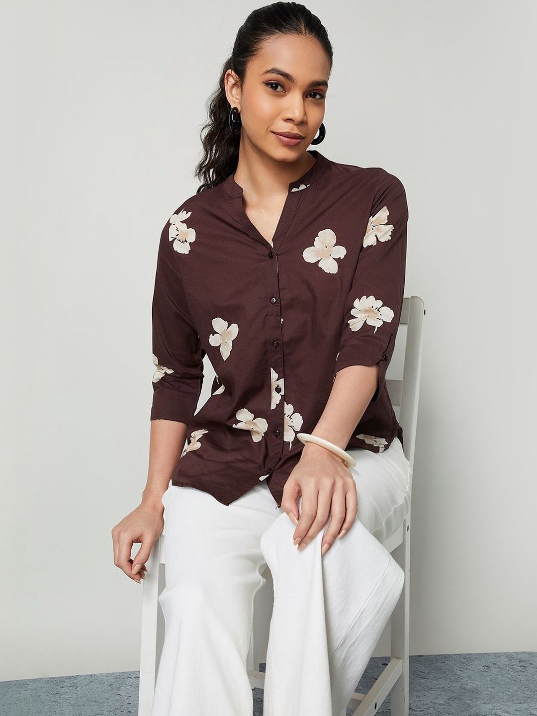 Colour Me by Melange Print Mandarin Collar Cotton Top-picture-12
