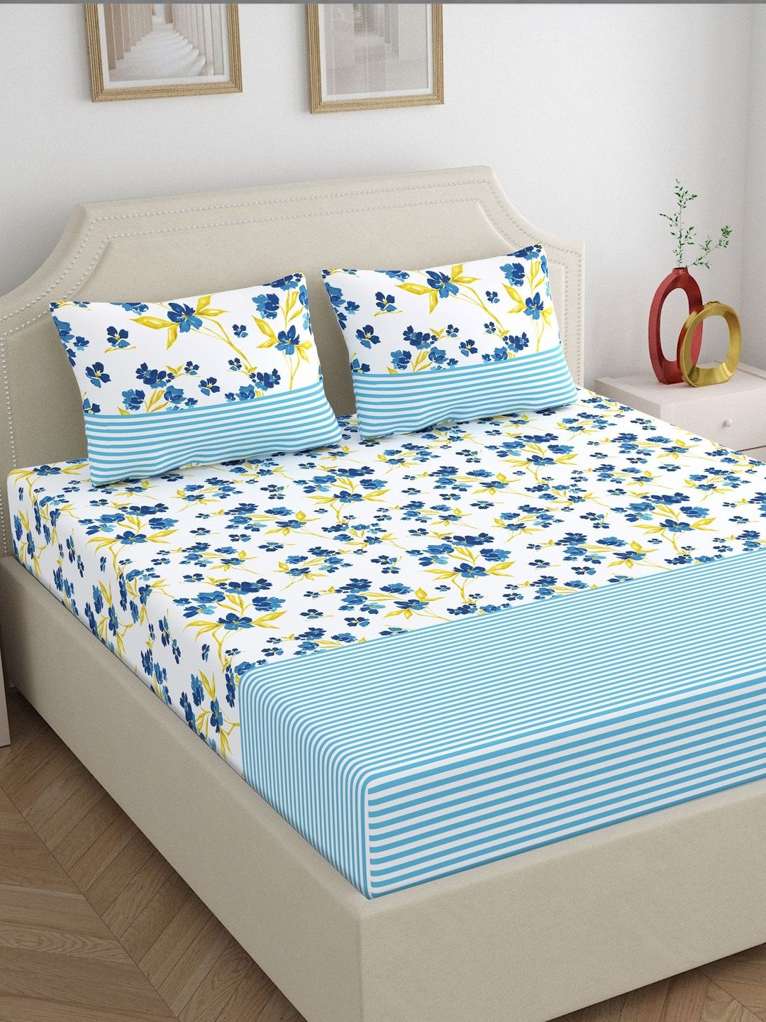Home Ecstasy Blue Floral 140 TC Bedsheet with 2 Pillow Covers-picture-11