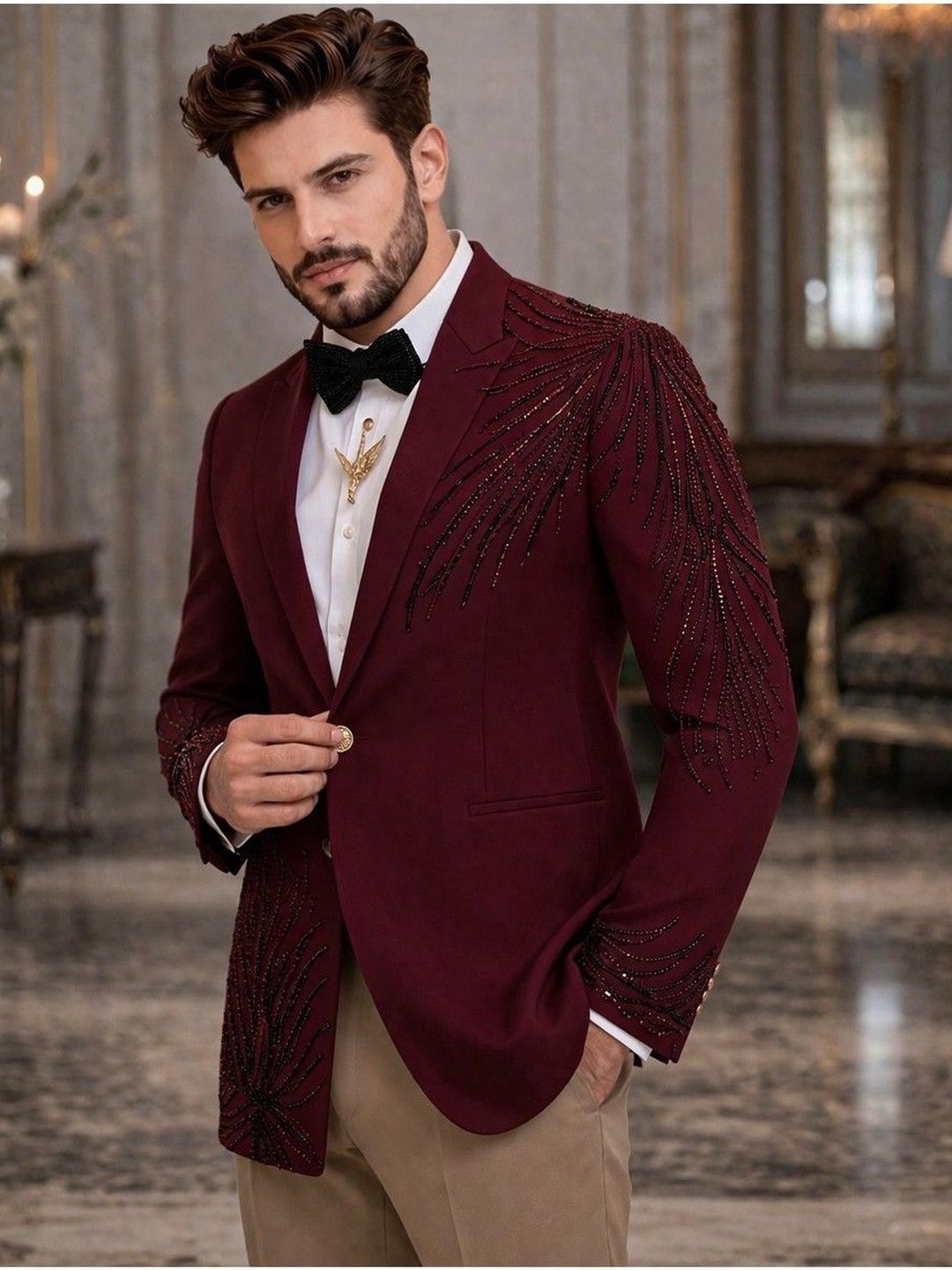 House of Pataudi Notched Lapel Tuxedo Tailored Fit Party Blazers-image-2