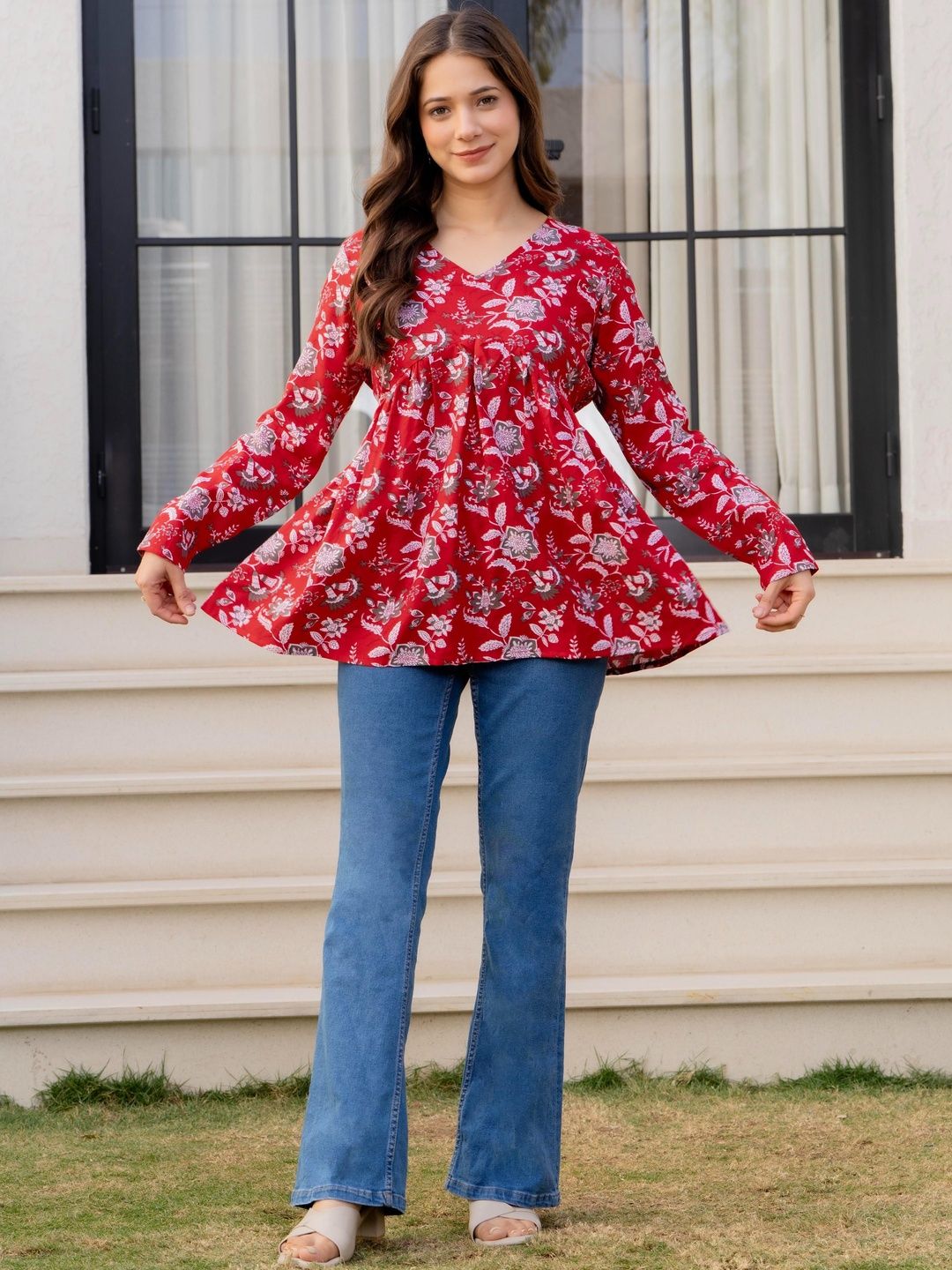 Anouk Floral Printed V-Neck Thread Work Pure Cotton Blend Thread Work Kurti-picture-23