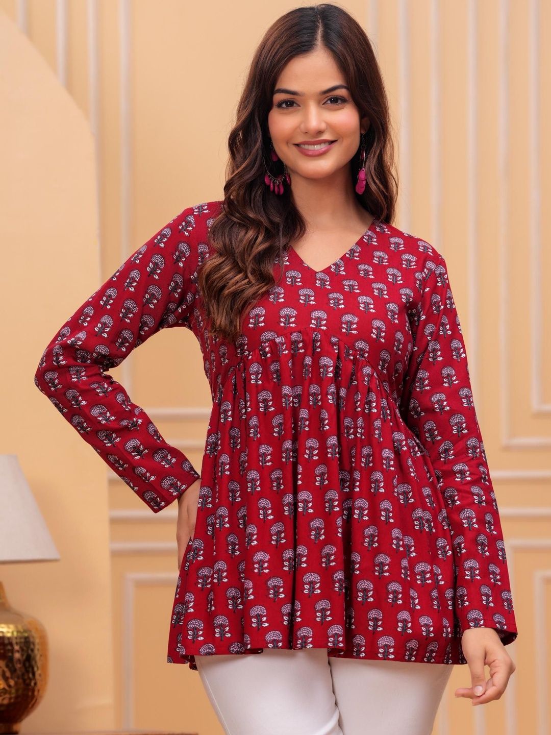Anouk Floral Printed V-Neck Thread Work Pure Cotton Blend Thread Work Kurti-picture-50