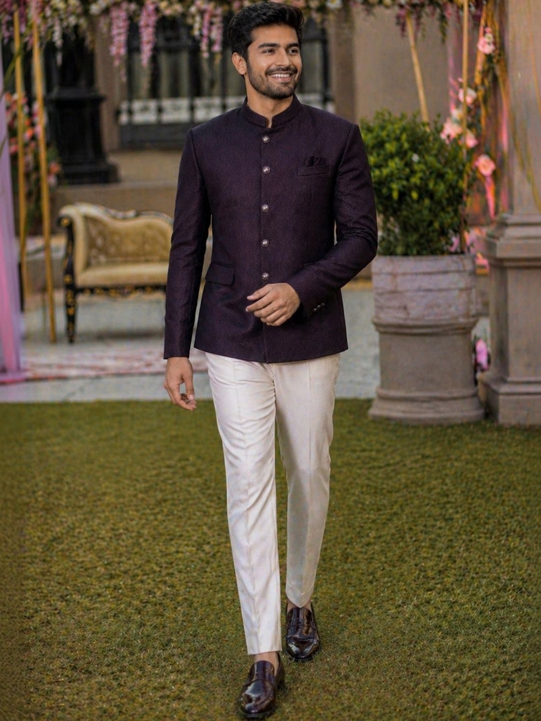 House of Pataudi Self Design Mandarin Collar Jodhpuri Ethnic Blazers-image-44