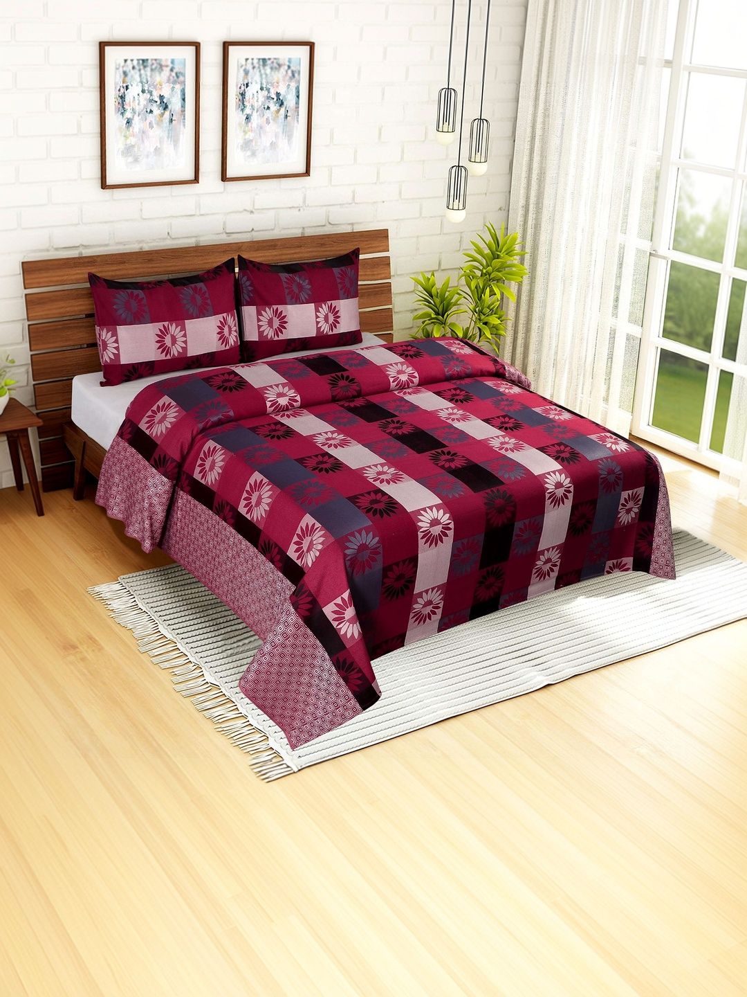 Victor Maroon Checked Double Bed - King Bed Covers-image-35