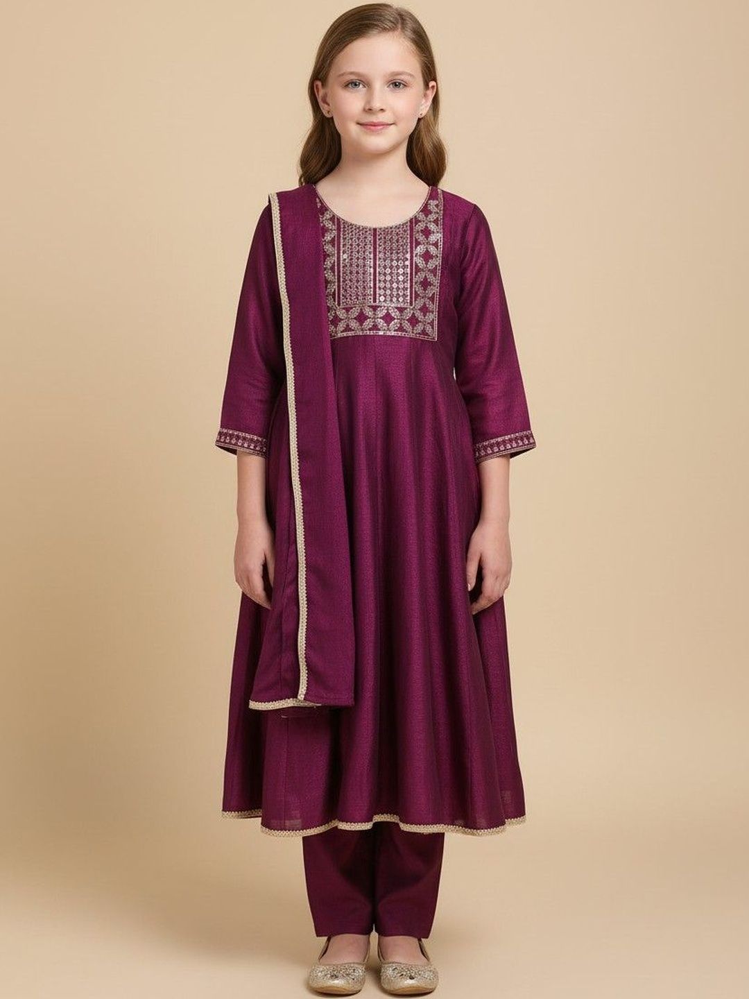 Sangria Girls Embroidered Round Neck Kurta & Trousers With Dupatta-picture-28