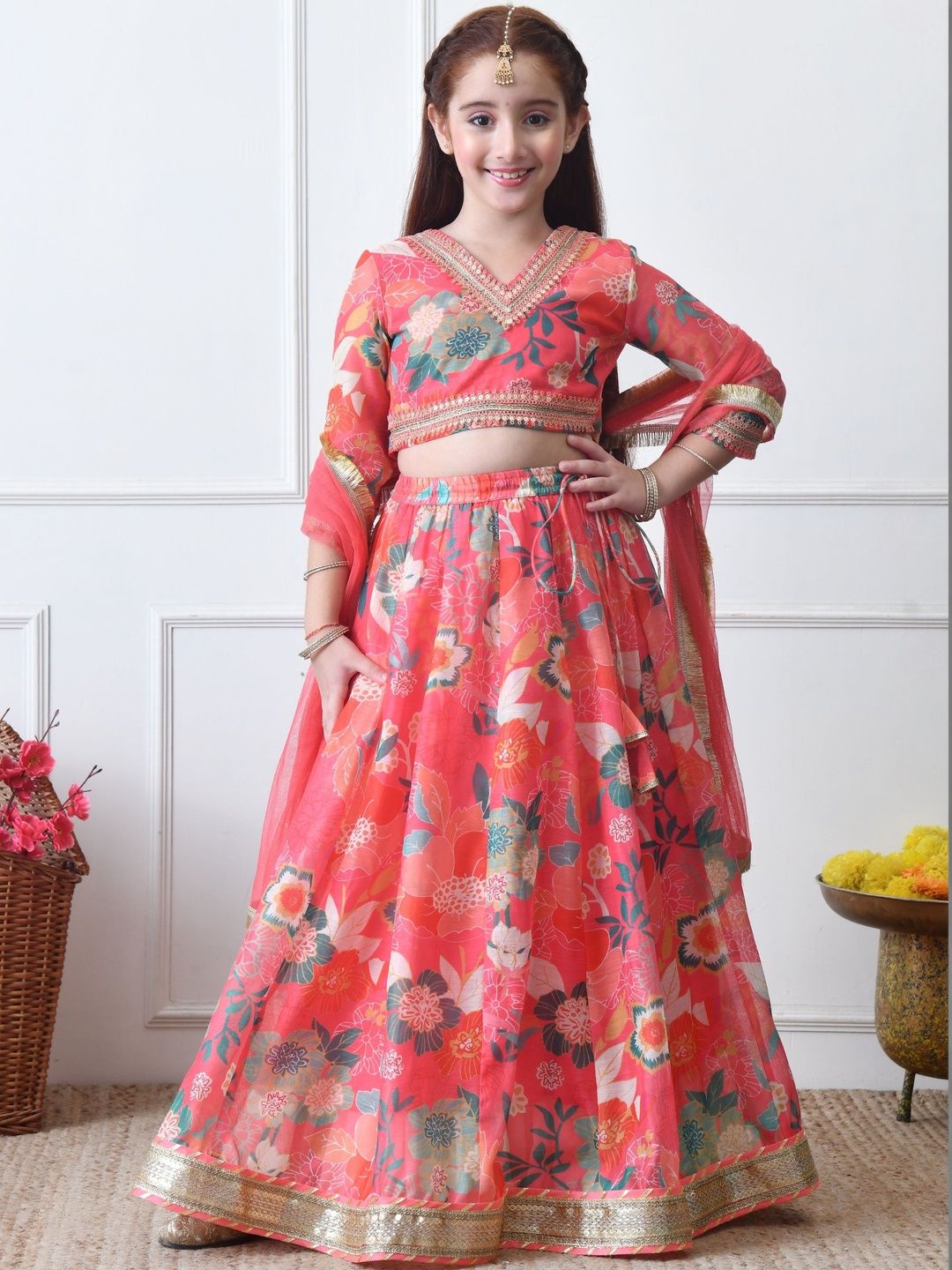House of Pataudi Mirror Work Round Neck Lehenga With Choli & Dupatta-image-34
