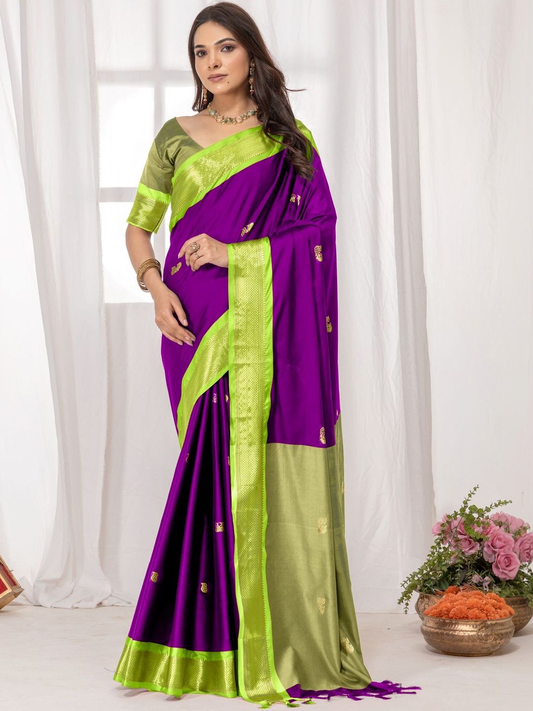 HERE&NOW Ethnic Motifs Woven Design Zari Silk Cotton Paithani Saree-picture-20