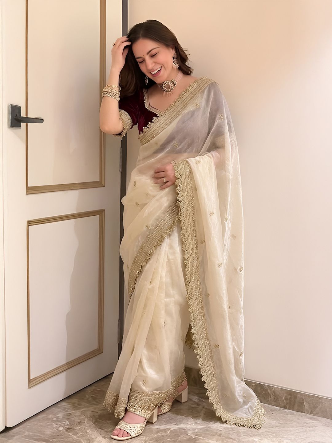 VRAGI Embellished Embroidered Satin Heavy Work Saree-picture-15