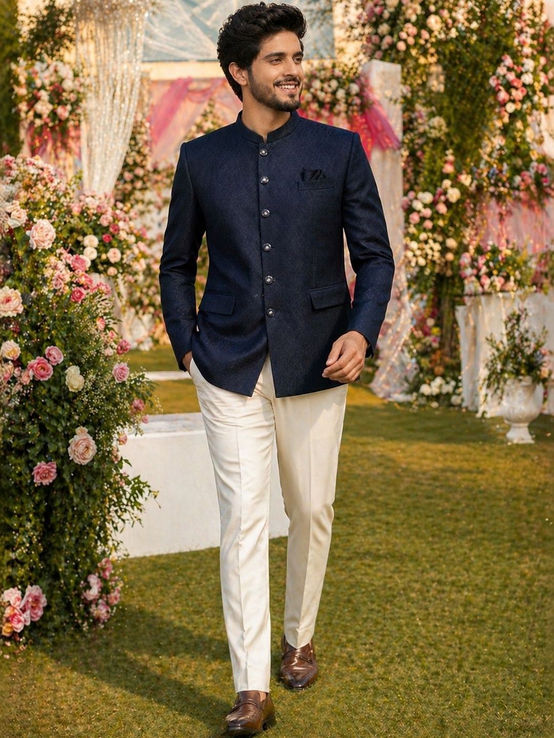 House of Pataudi Self Design Mandarin Collar Jodhpuri Ethnic Blazers-image-49