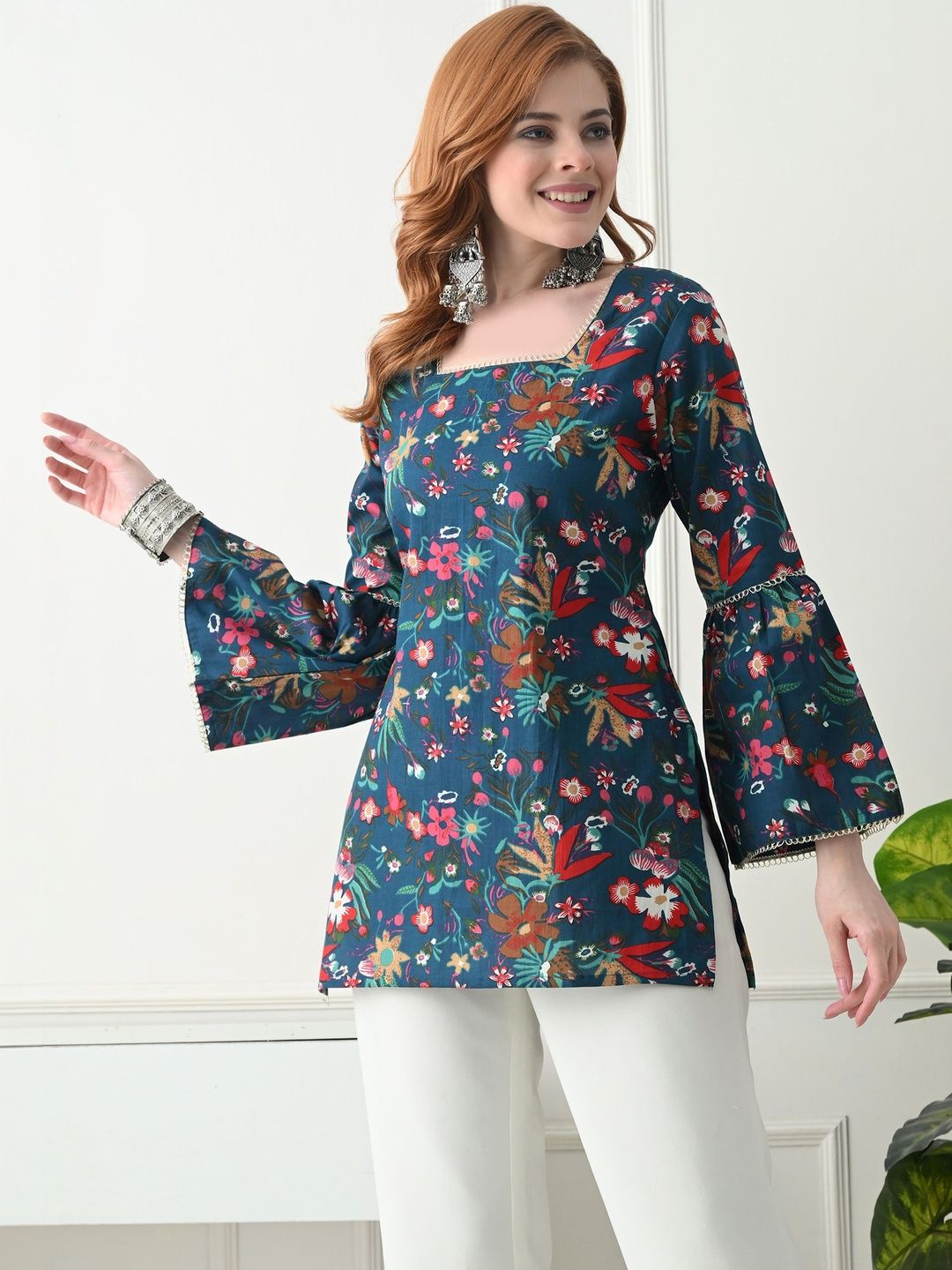 KJTRENDS Floral Printed Square Neck Flared Sleeves Pure Cotton Kurti-picture-54