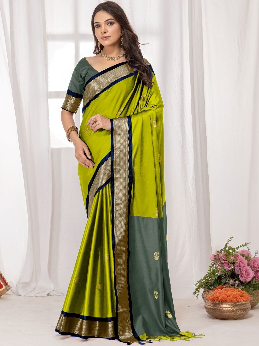HERE&NOW Ethnic Motifs Woven Design Zari Silk Cotton Paithani Saree-picture-19