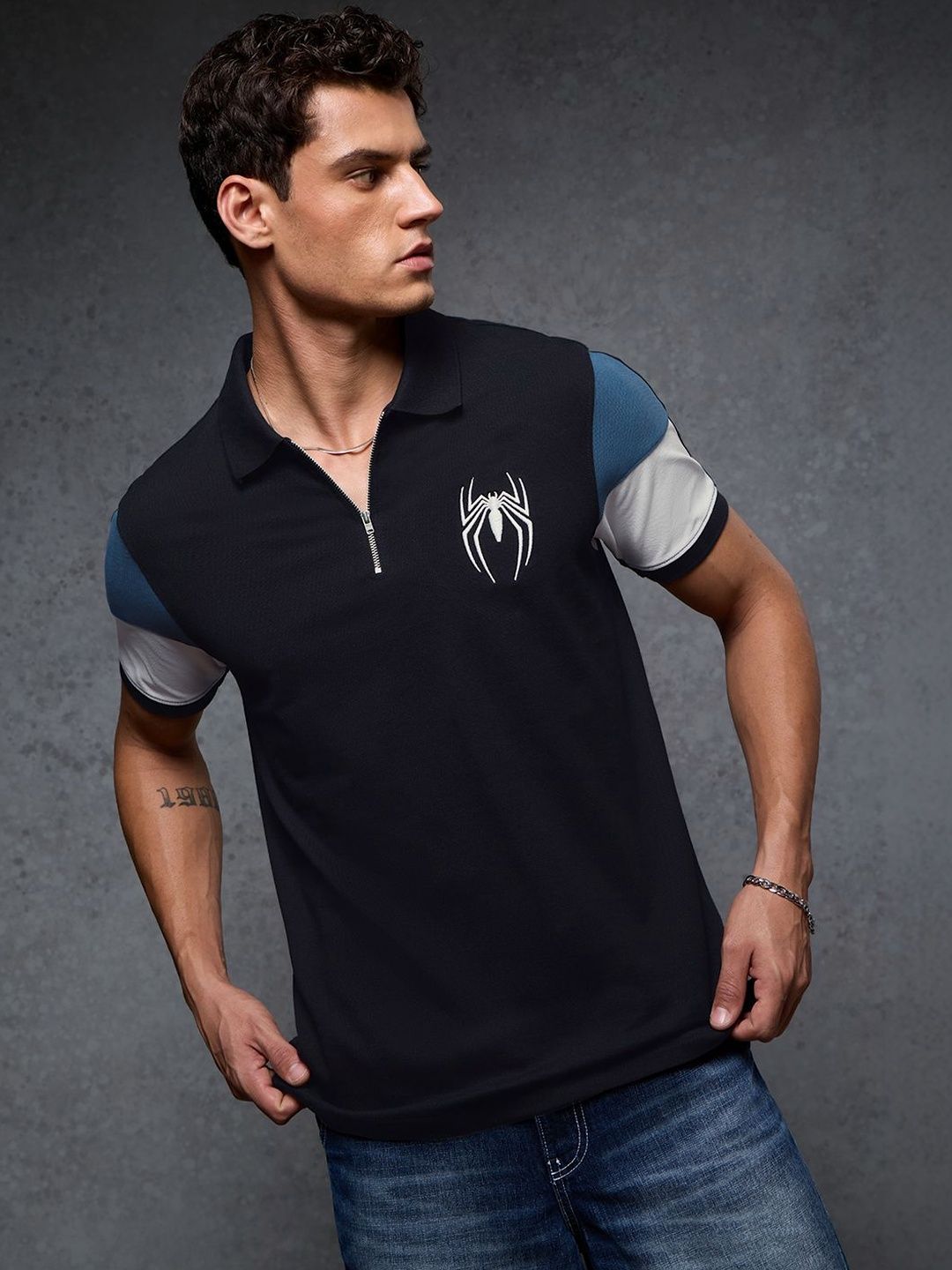 The Souled Store Men Regular Fit Spider-Man Printed Black Zipper Polos-image-45