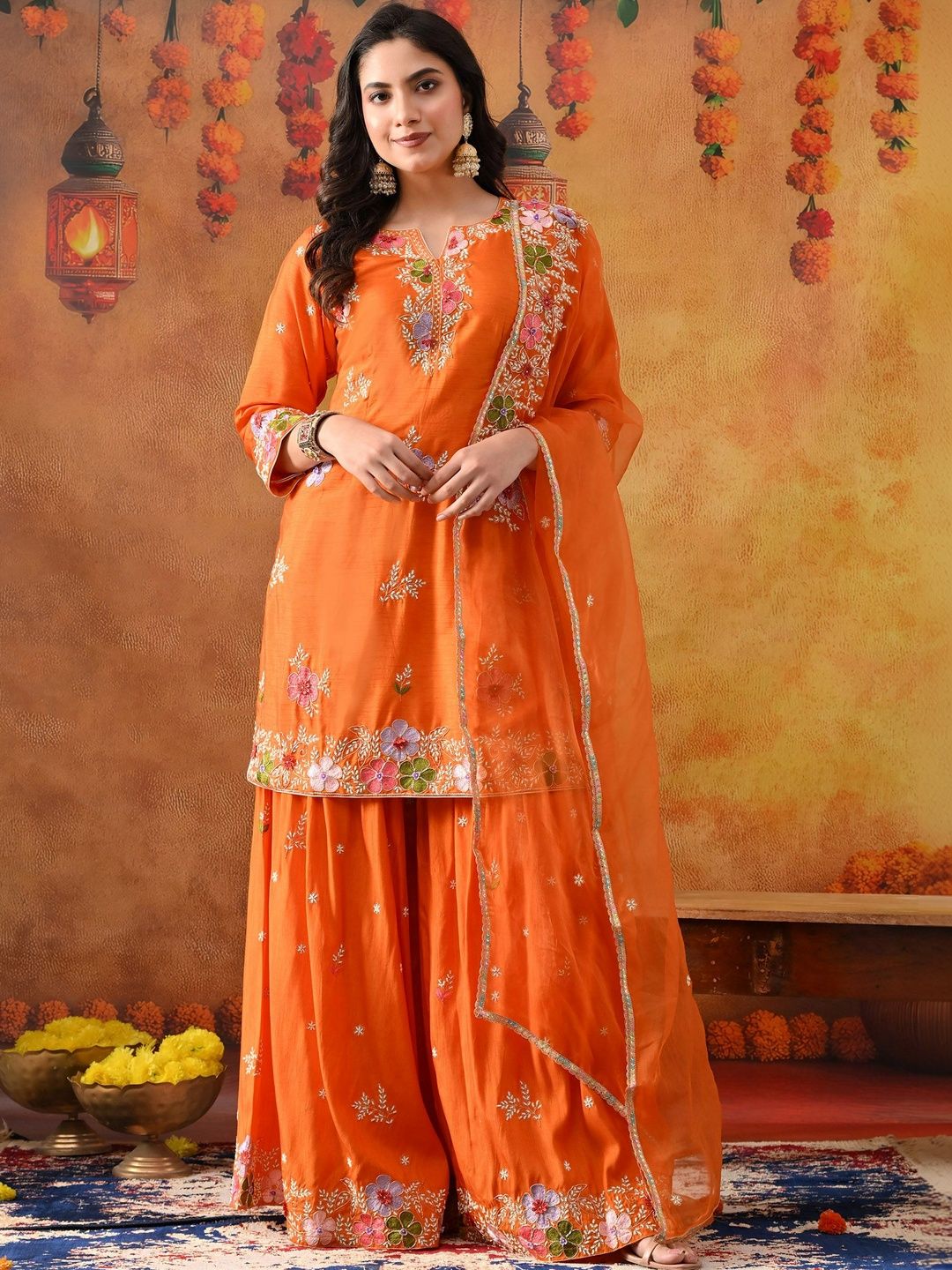 ZARIKALI Women Floral Embroidered Regular Thread Work Kurta with Sharara & With Dupatta-image-37